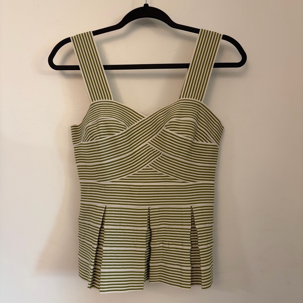 Anthropologie Green & White Striped Peplum Bandage Top Size Small